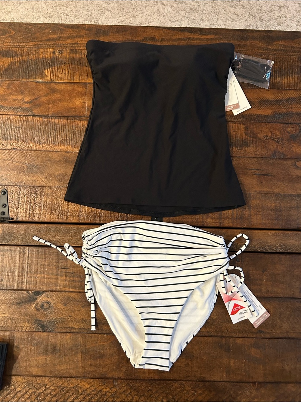 Black Strapless Tankini Top with White & blackStriped Tie-Side Bottoms